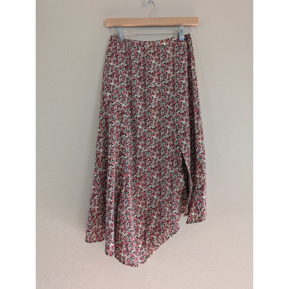 Lush Floral Asymmetrical Midi Skirt XS Black Coral Ditsy Cottage Fairy Boho Flow